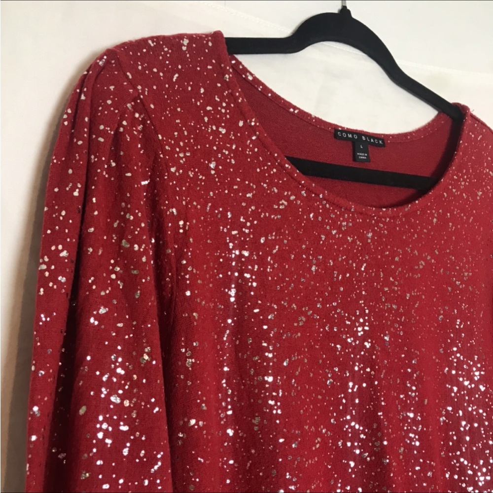 Como Black Womens Red Gold Speckled Bishop Sleeve Sweater Size L Holiday Office - Picture 4 of 9